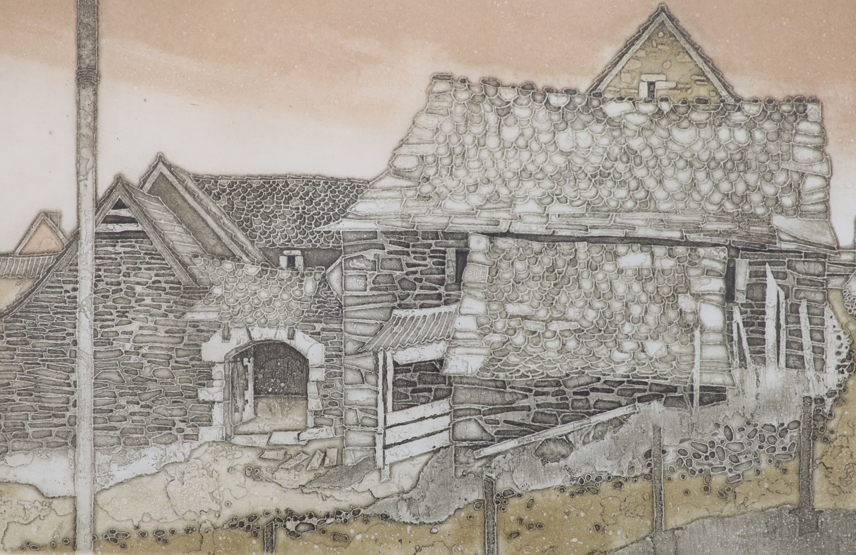 Valerie Thornton, etching, Le Besset, signed and dated '88, 36 x 55cm